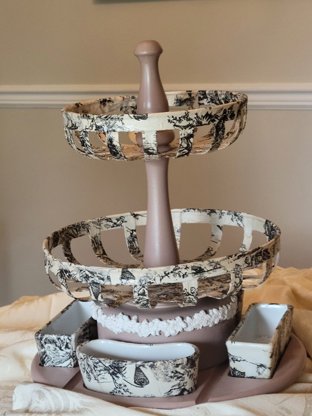 Restored lazy Susan fruit and pastry server with ceramic condiment compartments