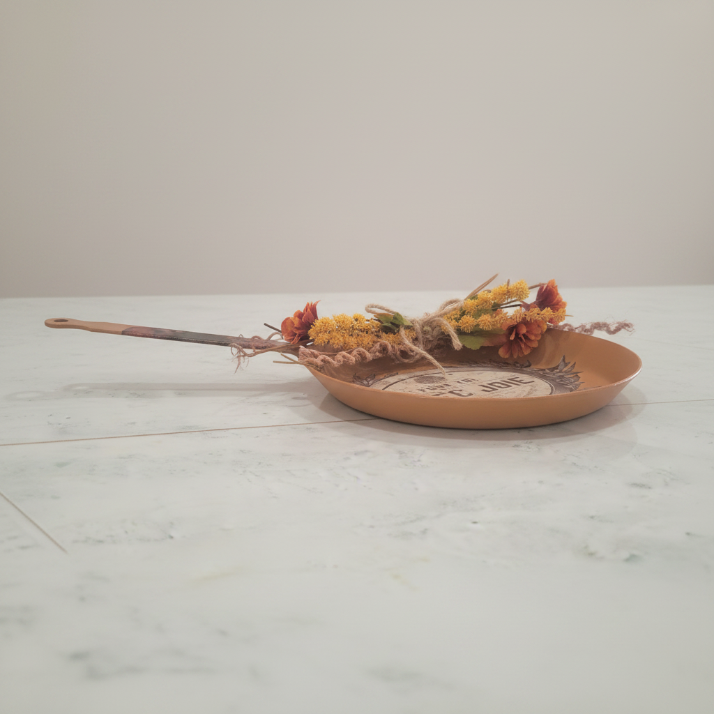 Vintage crepe pan refinished in burnt orange chalk paint with French script and floral accents
