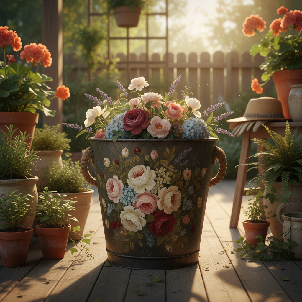 Hand-painted vintage coal bucket with floral design styled on a rustic cottage porch with golden hour light and greenery