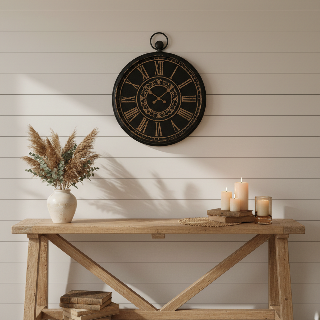 Restored vintage wall clock in black and antique gold hanging on a farmhouse shiplap wall with dried flowers and candles