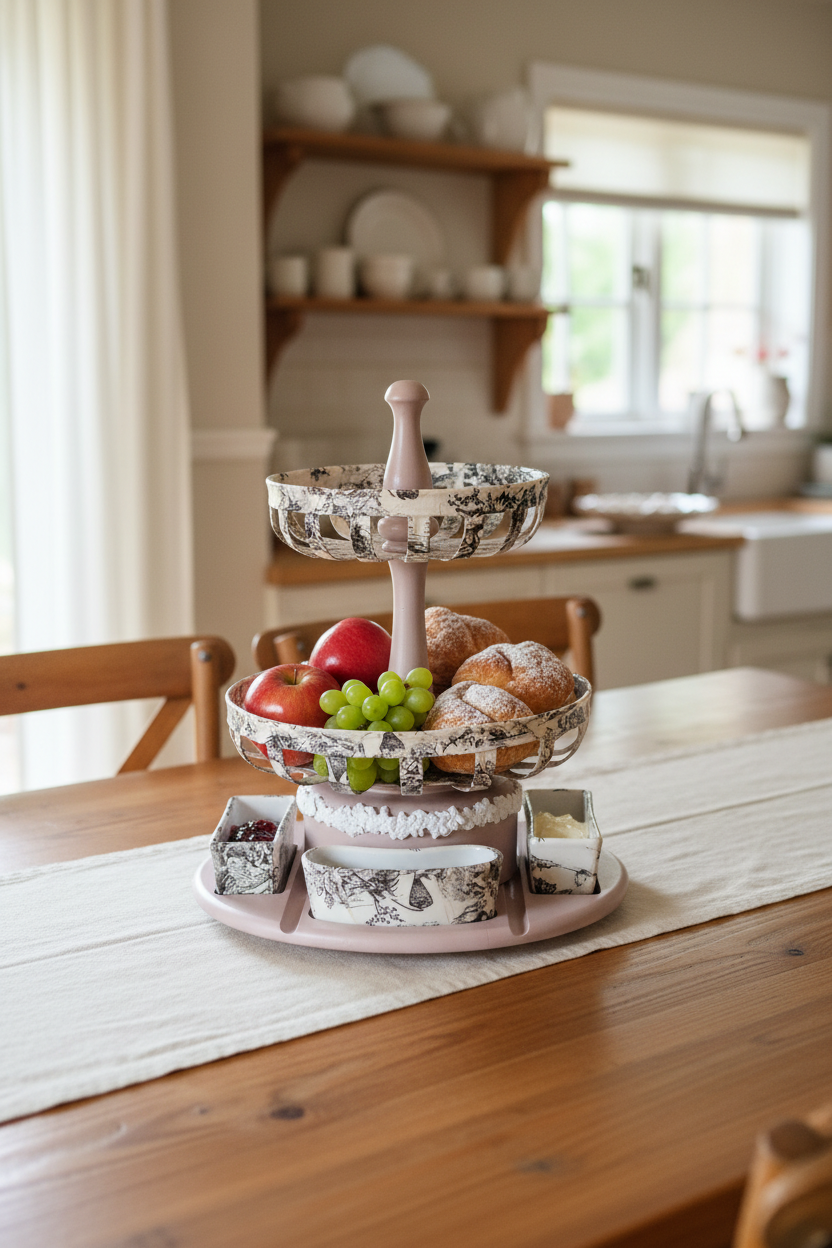 Restored lazy susan fruit and pastry server with French Toile decoupage, styled in a warm farmhouse dining room setting