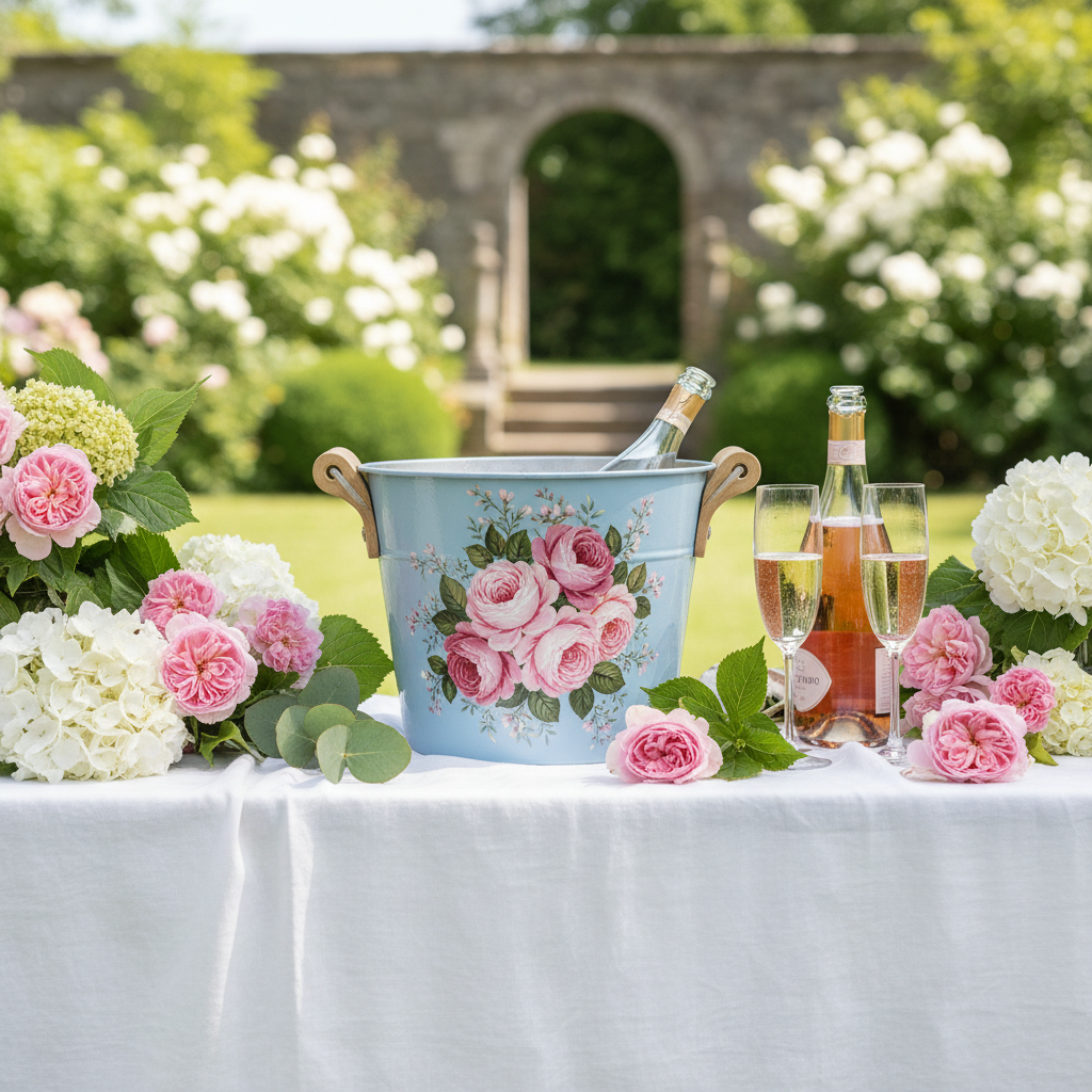 Sky blue vintage ice bucket with pink roses styled at an outdoor garden party with champagne and fresh flowers