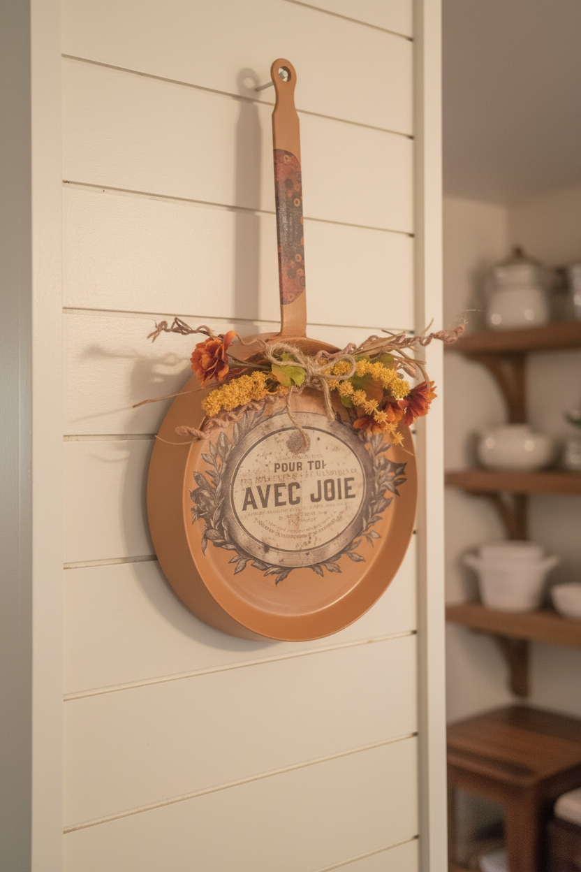Vintage crepe pan hanging on a farmhouse wall, refinished in burnt orange chalk paint with French script and floral accents