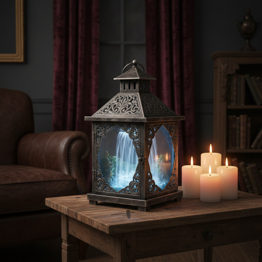 Antique ship lantern with filigree metalwork styled on a rustic side table in a cozy candlelit living room